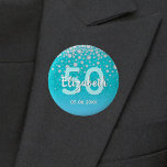 50th birthday diamonds glitter teal blue green 2 inch round button<br><div class="desc">An elegant, glamourous and girly 50th birthday party button. Teal, blue green coloured faux glitter with faux diamond sprinkle and a golden frame. Templates for a name, age 50 and a date. Date of birth or the date of the party/anniversary. White and teal coloured letters. The name is written with...</div>