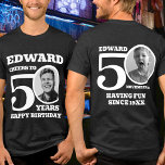 50th Birthday doubled sided photo name white text<br><div class="desc">Happy 50th Birthday white text, name and two photos t-shirt. Fun double sided 50th personalized photo t-shirt in bold white text design. Personalize this birthday shirt with a photograph of the birthday person in the middle of the number 0 on both the front and the back. Great idea for adding...</div>