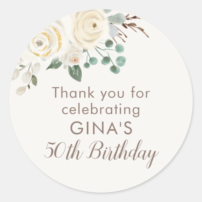 50th Birthday Dreamy White Floral Favour Stickers (Front)