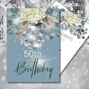 50th Birthday Dusty Blue Floral Disco Ball  Invitation