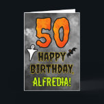 50th Birthday: Eerie Halloween Theme   Custom Name Card<br><div class="desc">The front of this scary and spooky Hallowe’en themed birthday greeting card design features a large number “50”. It also features the message “HAPPY BIRTHDAY, ”, and an editable name. There are also depictions of a ghost and a bat on the front. The inside features a custom birthday greeting message,...</div>