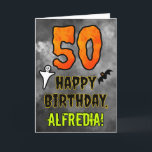 50th Birthday: Eerie Halloween Theme   Custom Name Card<br><div class="desc">The front of this scary and spooky Hallowe’en themed birthday greeting card design features a large number “50”. It also features the message “HAPPY BIRTHDAY, ”, and an editable name. There are also depictions of a ghost and a bat on the front. The inside features a custom birthday greeting message,...</div>