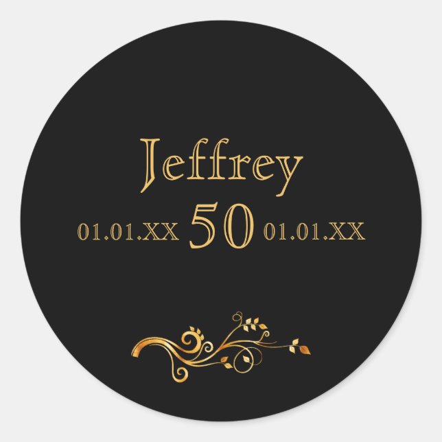 50th birthday elegant black and gold classic round sticker (Front)