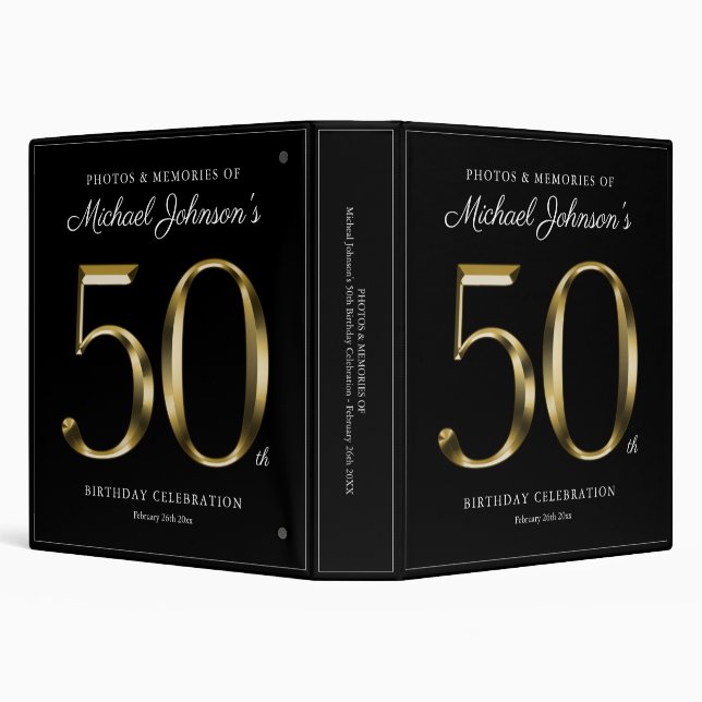 50th Birthday Elegant Black and Gold Text Custom Binder (Background)