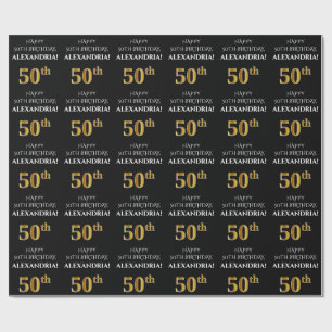 50th Birthday: Elegant, Black, Faux Gold Look Wrapping Paper