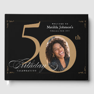 50th Birthday Elegant Black Gold Calligraphy Photo Guest Book