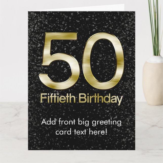 50th Birthday, Elegant Black Gold Glam Card (Front)