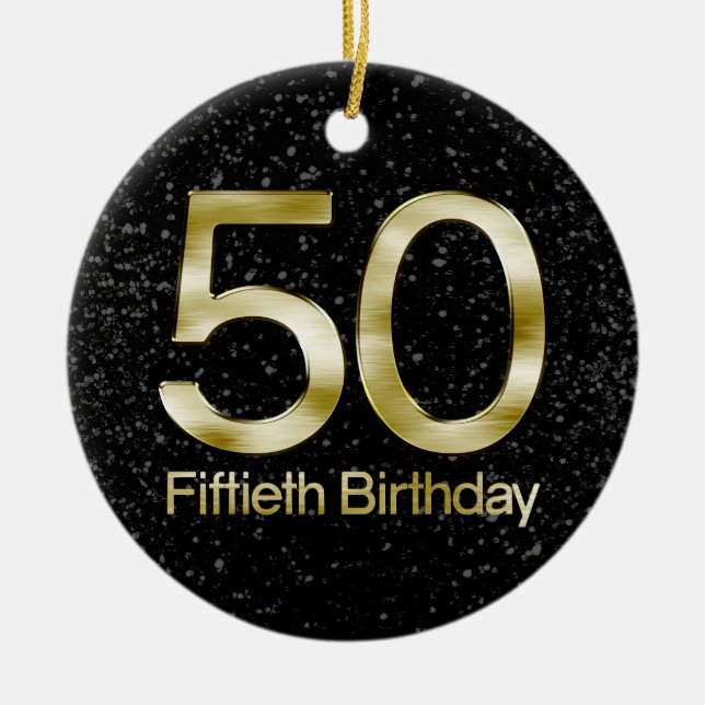 50th Birthday, Elegant Black Gold Glam Ceramic Ornament (Front)