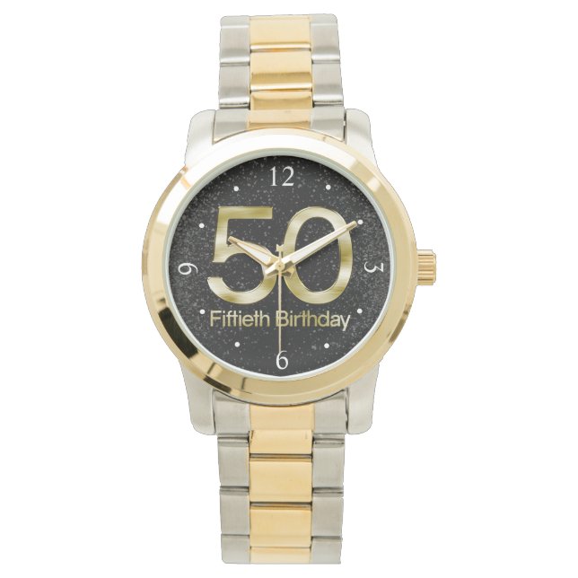 50th Birthday, Elegant Black Gold Glam Watch (Front)