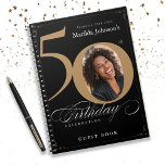 50th Birthday Elegant Black Gold Script Guestbook Notebook<br><div class="desc">50th Birthday Elegant Black Gold Script Guestbook notebook. And elegantly designed special birthday celebration, featuring a custom photo of birthday person and script calligraphy with vintage flourish elements. Add photo inserts to this binder to make it a wonderful album to store all your photos and memories of the celebration! Need...</div>