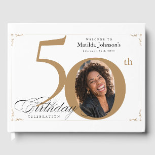 50th Birthday Elegant Gold White Calligraphy Photo Guest Book
