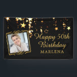 50th Birthday Elegant Script Gold Stars Photo Banner<br><div class="desc">Celebrate a 50th birthday (or any age birthday since the text is editable) with this black and gold theme banner sign with falling gold stars, personalized with their photo and name and a sample title you can change that says HAPPY 50TH BIRTHDAY NAME. PHOTO TIP: For fastest/best results, choose a...</div>