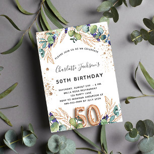 50th birthday eucalyptus greenery glitter elegant invitation
