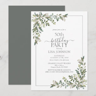 50th Birthday Eucalyptus Sage Green Botanical Invitation