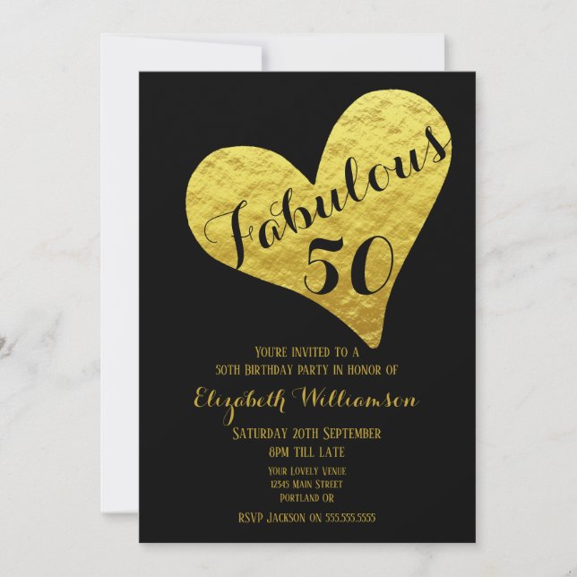 50th Birthday Fabulous 50 Black | Faux Gold Heart Invitation (Front)