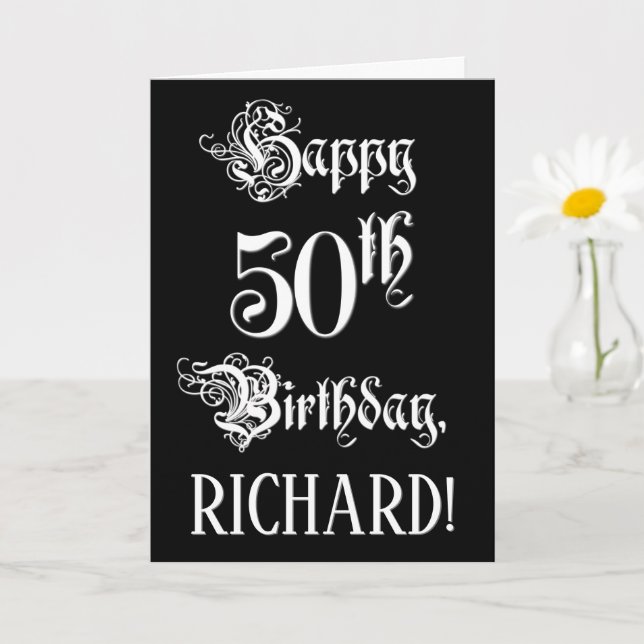 50th Birthday: Fancy, Elegant Script + Custom Name Card (Small Plant)