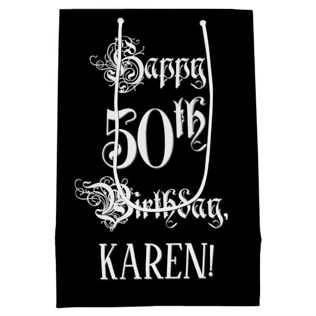 50th Birthday: Fancy, Elegant Script + Custom Name Medium Gift Bag (Back)
