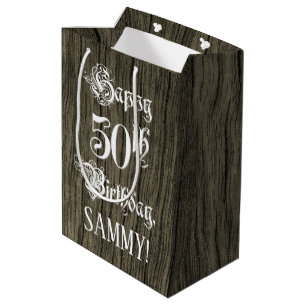 50th Birthday: Fancy, Faux Wood Look + Custom Name Medium Gift Bag