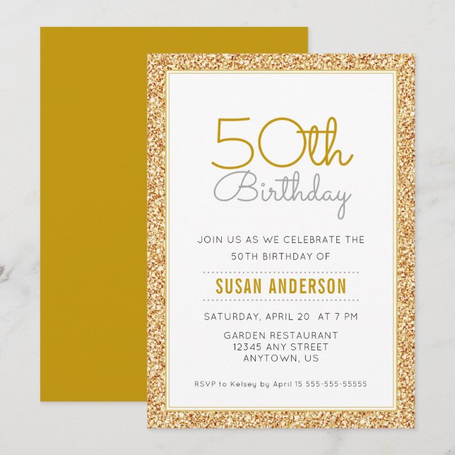 50th Birthday Faux Gold Glitter Invitation (Front/Back)