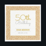 50th Birthday Faux Gold Glitter Napkin<br><div class="desc">This simple but elegant 50th Birthday Celebration paper napkin features a gold faux glitter border. Custom text allows you to add the name and birth date of the person being honoured.</div>