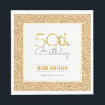 50th Birthday Faux Gold Glitter Napkin<br><div class="desc">This simple but elegant 50th Birthday Celebration paper napkin features a gold faux glitter border. Custom text allows you to add the name and birth date of the person being honoured.</div>