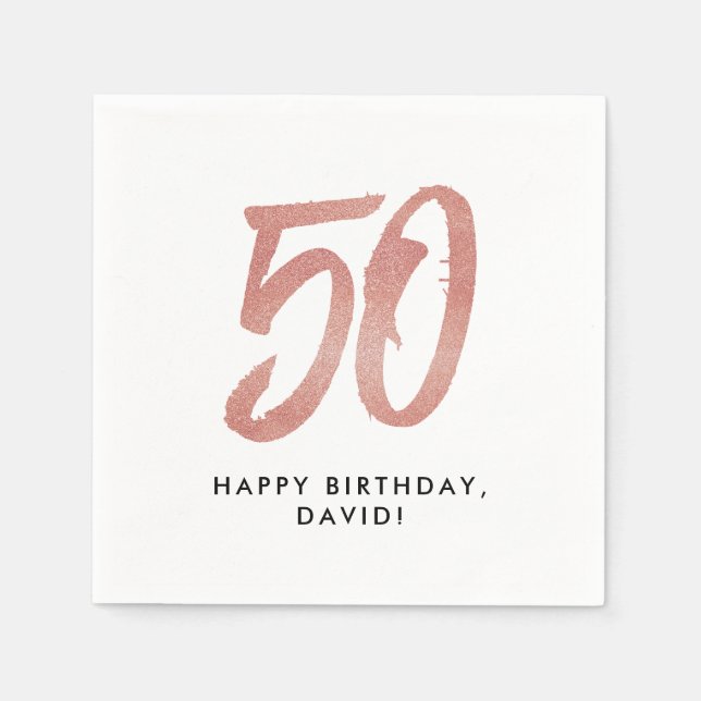 50th birthday faux rose gold glitter personalized napkin (Front)