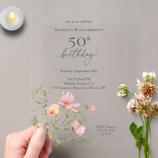 50th Birthday Feminine Watercolor Wildflower Acrylic Invitations