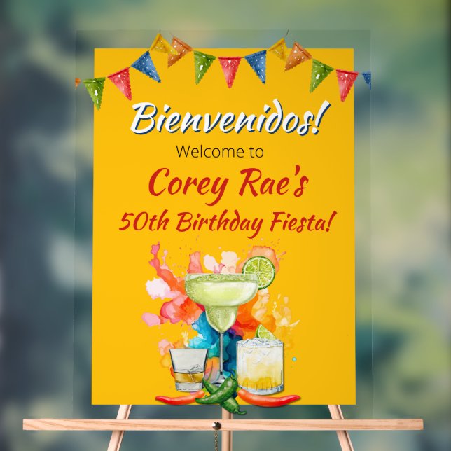 50th Birthday Fiesta Themed Bienvenidos Welcome Acrylic Sign (Neutral)