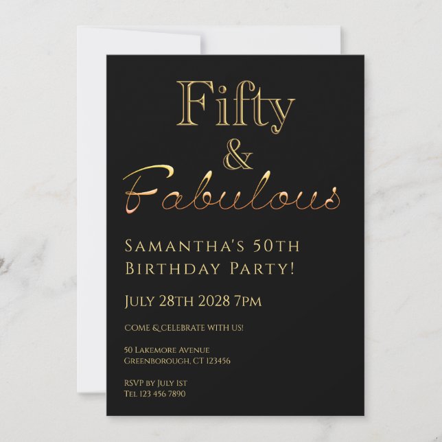 50th Birthday Fifty and Fabulous Black Gold Invite (Front)