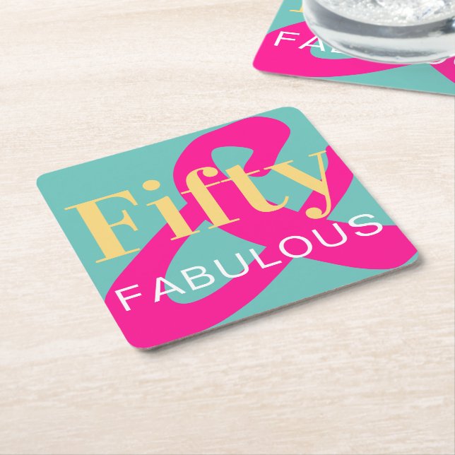 50th Birthday Fifty and Fabulous Bold Bright Party Square Paper Coaster (Angled)