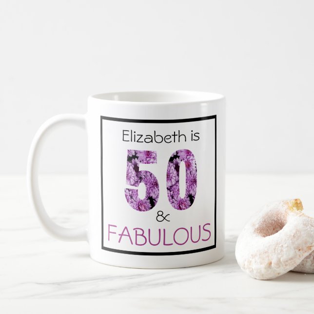 50th Birthday Fifty and Fabulous Chrysanthemum Coffee Mug (With Donut)
