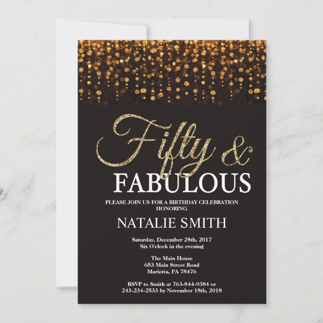 50th Birthday Fifty and Fabulous Gold Glitter Invitation (Front)