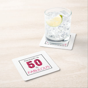 50th Birthday Fifty and Fabulous Pink Floral Square Paper Coaster