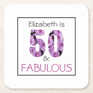50th Birthday Fifty and Fabulous Purple Floral Square Paper Coaster