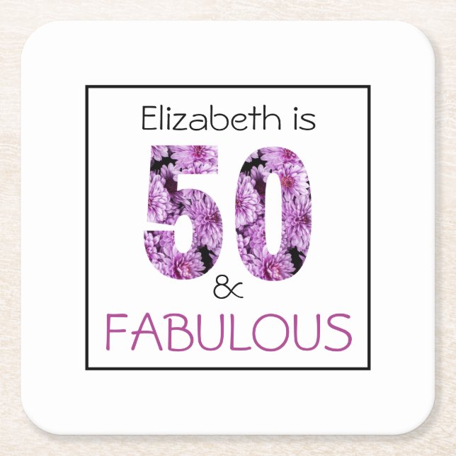50th Birthday Fifty and Fabulous Purple Floral Square Paper Coaster (Front)