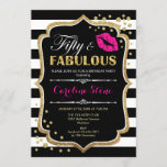 50th Birthday - Fifty Fabulous Black Pink Gold Invitation<br><div class="desc">50th Birthday Invitation.
Elegant black white design with faux glitter gold. Features pink lips kiss,  black white stripes,  confetti and script font. Perfect for an elegant birthday party. Fifty Fabulous! Message me if you need further customization.</div>