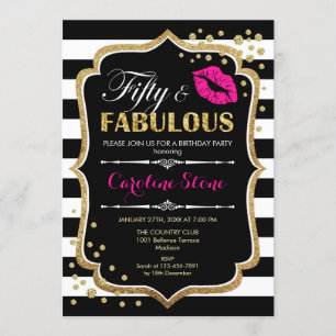 50th Birthday - Fifty Fabulous Black Pink Gold Invitation
