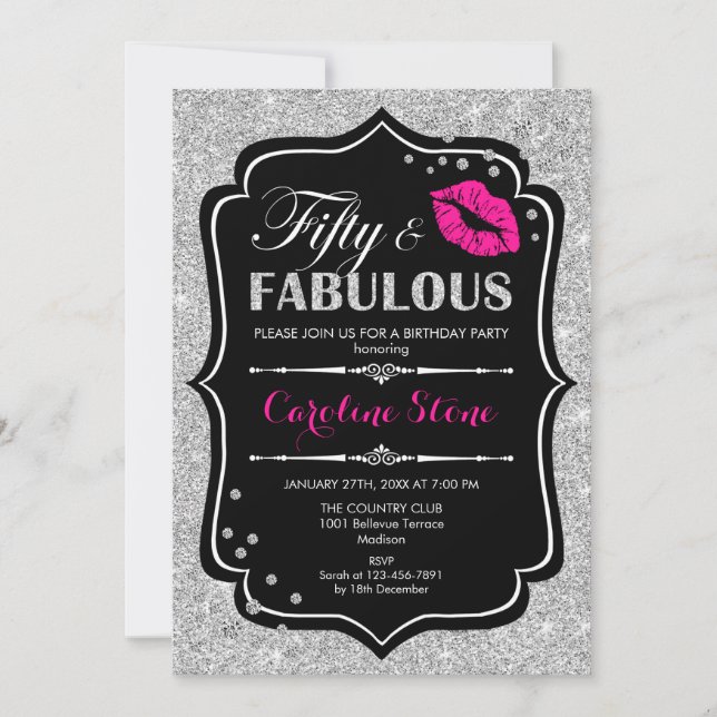 50th Birthday - Fifty Fabulous Black Pink Silver Invitation (Front)