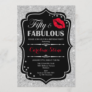 50th Birthday - Fifty Fabulous Black Red Silver Invitation