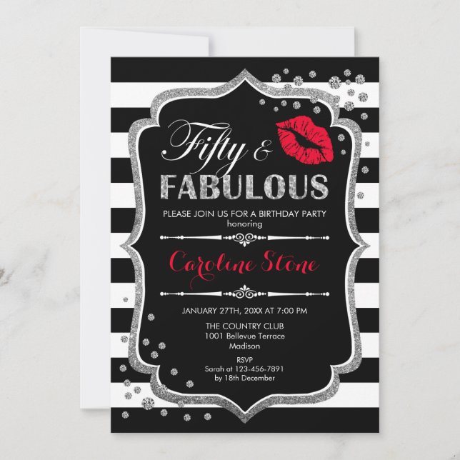 50th Birthday - Fifty Fabulous Black Red Silver Invitation (Front)