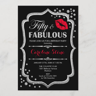 50th Birthday - Fifty Fabulous Black Red Silver Invitation