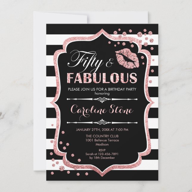 50th Birthday - Fifty Fabulous Black Rose Gold Invitation (Front)