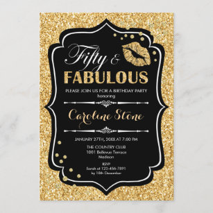 50th Birthday - Fifty Fabulous Gold Black Invitation
