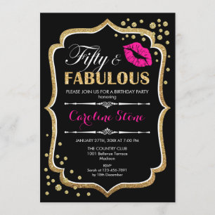 50th Birthday - Fifty Fabulous Gold Black Pink Invitation