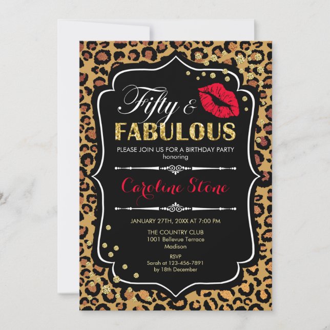 50th Birthday - Fifty Fabulous Leopard Print Invitation (Front)