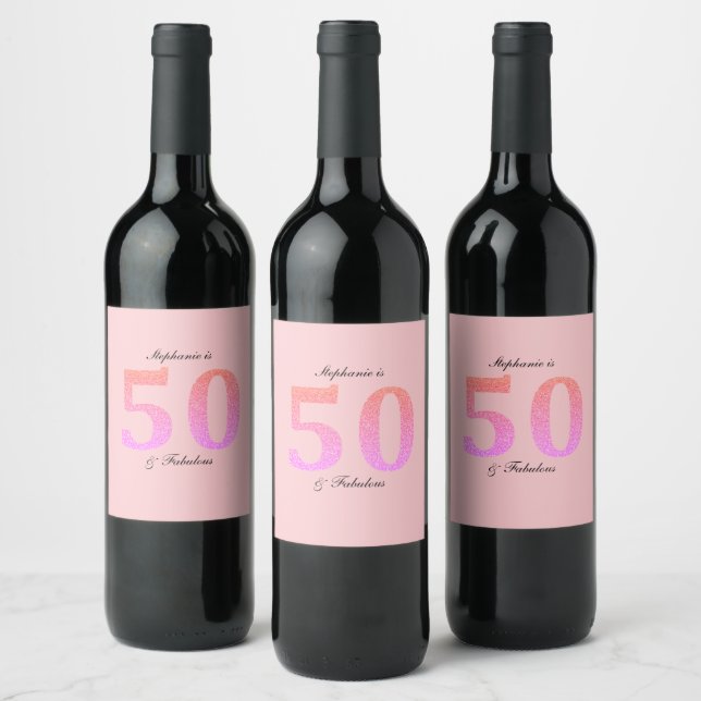50th Birthday Fifty Fabulous Name Pink Glitter Wine Label (Bottles)