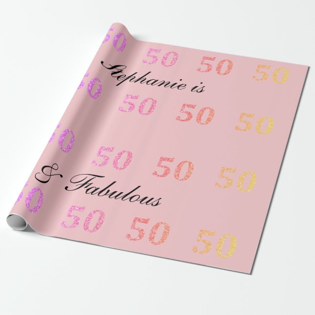 50th Birthday Fifty Fabulous Name Pink Glitter Wrapping Paper (Unrolled)
