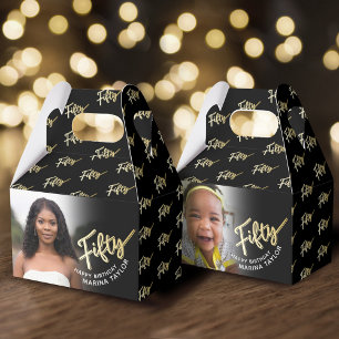 50th birthday Fifty script gold black photo Favor Box