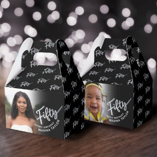 50th birthday Fifty script silver black photo  Favor Box