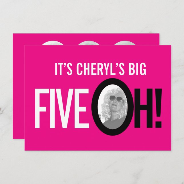 50th birthday FIVE OH! photo pink retro landscape Invitation (Front/Back)